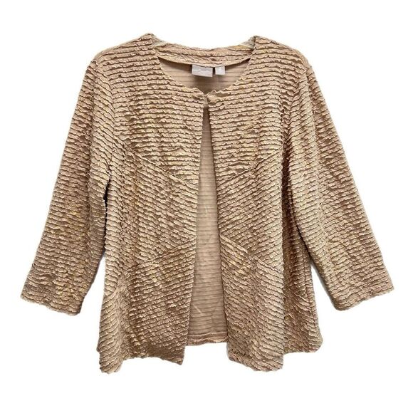 Chico's Sweaters - Chico’s Travelers Beige & Gold Crinkle Fabric Open Front Cardigan Size 2 Large